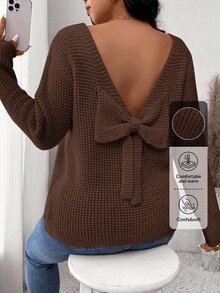 SHEIN Frenchy 秋冬大码休闲纯色蝴蝶结装饰毛衣 - 棕色 - 查看 7