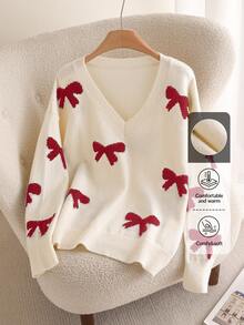 CosyJoli Plus Size Women Loose Fit V-Neck Butterfly Pattern Long Sleeve Sweater In Fall/Winter - Apricot - View 8