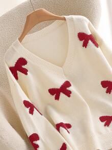 CosyJoli Plus Size Women Loose Fit V-Neck Butterfly Pattern Long Sleeve Sweater In Fall/Winter - Apricot - View 4