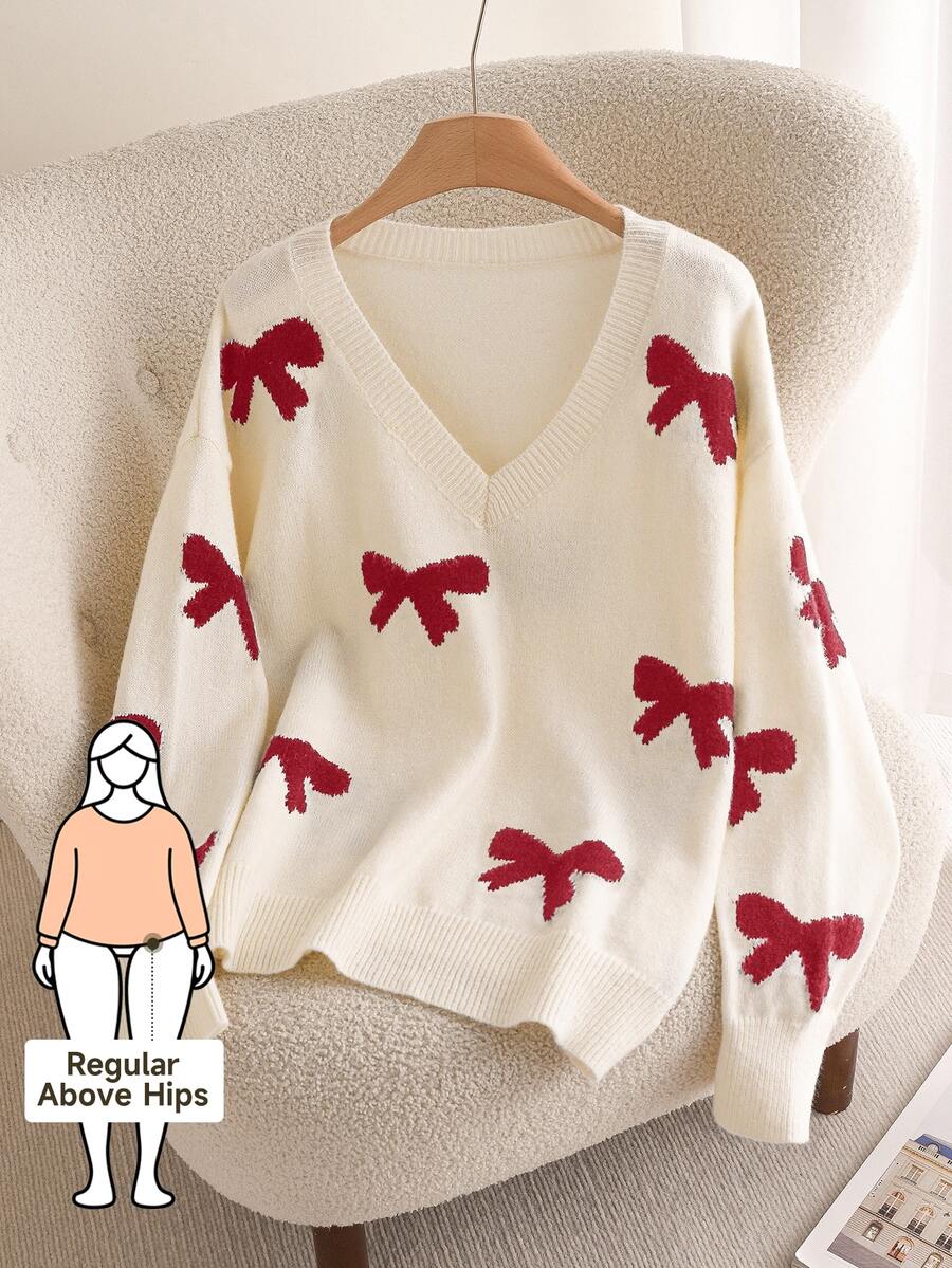 CosyJoli Plus Size Women Loose Fit V-Neck Butterfly Pattern Long Sleeve Sweater In Fall/Winter - Apricot - View 1