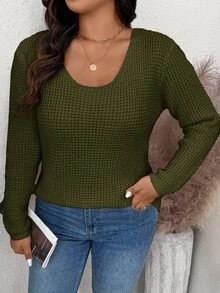 SHEIN Frenchy 大码纯色长袖蝴蝶结装饰毛衣，秋季休闲装 - 軍綠色 - 查看 3