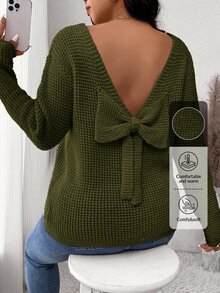 SHEIN Frenchy 大码纯色长袖蝴蝶结装饰毛衣，秋季休闲装 - 軍綠色 - 查看 6