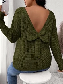 SHEIN Frenchy 大码纯色长袖蝴蝶结装饰毛衣，秋季休闲装 - 軍綠色 - 查看 1