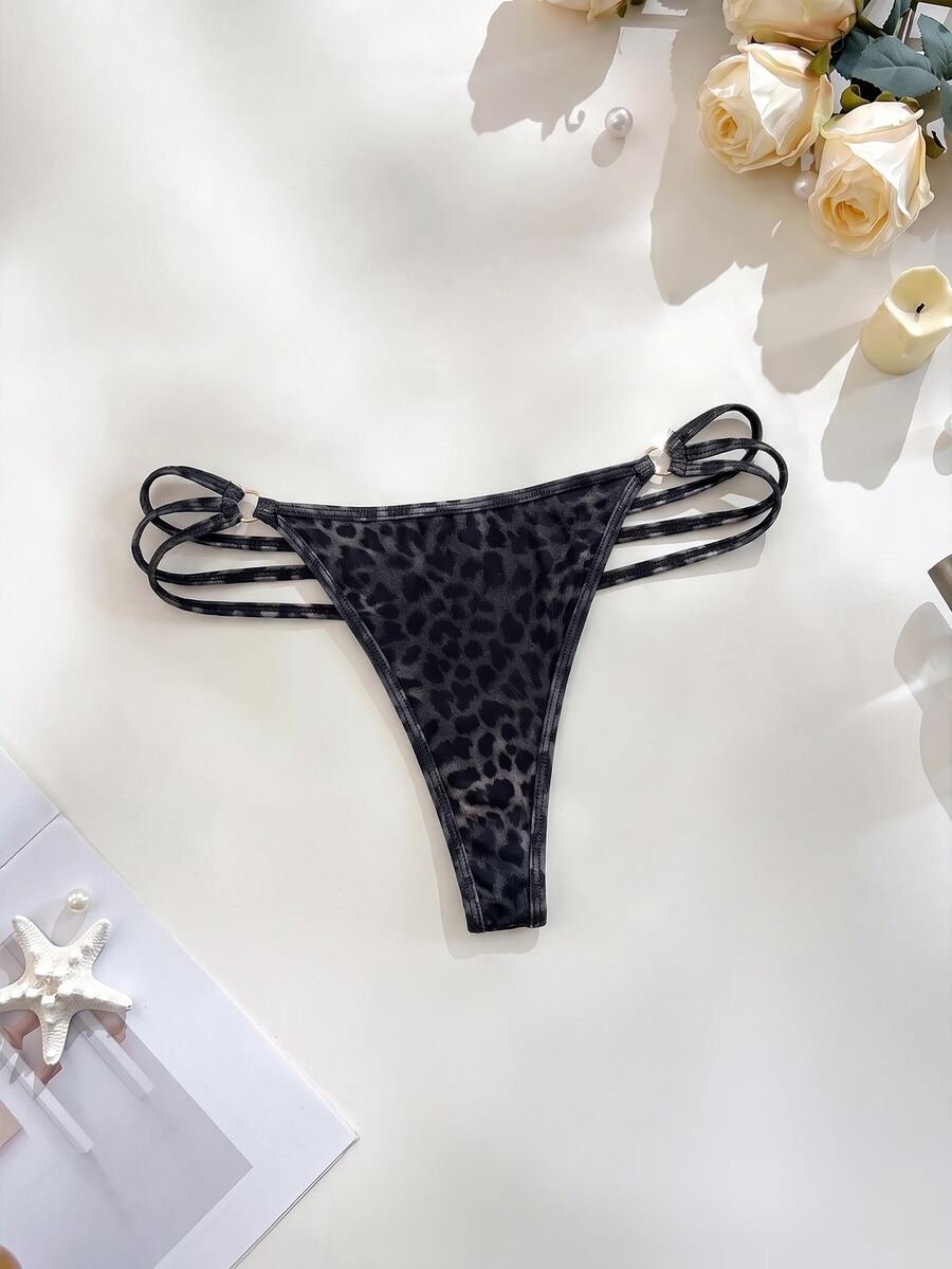 SHEIN Sexy Women's Cross Hollow Leopard Print Thong Panty, 1pc - Black - View 1