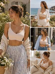 Barelissa Women Mesh Panel Jelly Glue Support Bra Wireless Deep V-Neck Non-Removable Cups Back Smoothing Bralette For Daily Wear - Apricot - View 9