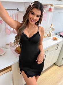 SHEIN Lace Trim Split Hem Cami Pajama Nightdress - Black - View 3