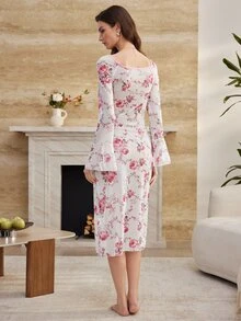 Moireta Women's Sexy Floral Print Bell Sleeve V-Neck Split Hem Nightgown - Multicolor - View 2