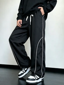 Manfinity Hypemode Men's Casual Striped Colorblock Drawstring Waist Pocket Pants - Black - View 5