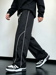 Manfinity Hypemode Men's Casual Striped Colorblock Drawstring Waist Pocket Pants - Black - View 1