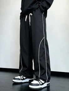 Manfinity Hypemode Men's Casual Striped Colorblock Drawstring Waist Pocket Pants - Black - View 3