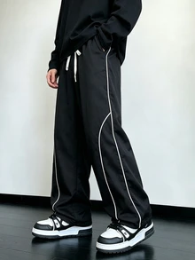 Manfinity Hypemode Men's Casual Striped Colorblock Drawstring Waist Pocket Pants - Black - View 4