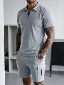 Manfinity Homme Men's Short-Sleeve Half-Zip Polo & Cargo Shorts Set With Slanted And Patch Pockets Solid-Color - Light Grey - View 5