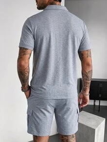 Manfinity Homme Men's Short-Sleeve Half-Zip Polo & Cargo Shorts Set With Slanted And Patch Pockets Solid-Color - Light Grey - View 2