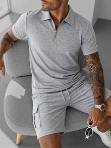 Manfinity Homme Men's Short-Sleeve Half-Zip Polo & Cargo Shorts Set With Slanted And Patch Pockets Solid-Color - Light Grey - View 6