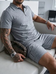 Manfinity Homme Men's Short-Sleeve Half-Zip Polo & Cargo Shorts Set With Slanted And Patch Pockets Solid-Color - Light Grey - View 7