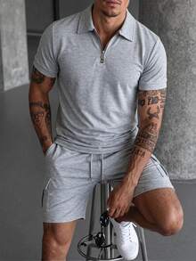 Manfinity Homme Men's Short-Sleeve Half-Zip Polo & Cargo Shorts Set With Slanted And Patch Pockets Solid-Color - Light Grey - View 3