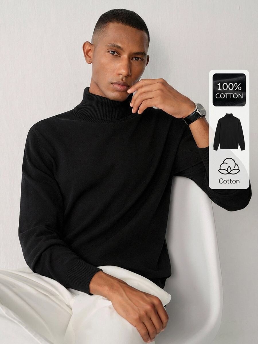 Manfinity CityGents Men's Autumn/Winter Casual Basic Solid Color Cotton Turtleneck Sweater Office Vacation Vacation Formal Black - Black - View 1