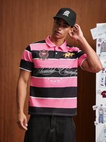 TOKVUE Polo à manches courtes style collégial américain pour hommes avec badge, t-shirt à col montant et demi-manches, style collégial vintage américain, style de rue Top de gamme, style sportif de luxe léger, trajets quotidiens, activités sur le campus, rassemblements, sorties sociales légères, golf et autres sports de plein air, cadeau de vacances - Multicolore - Voir 4