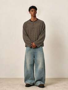 TOKVUE 男士美式復古條紋亨利領長袖T恤，慵懶學院風，復古風格，寬鬆韓系休閒風T恤，日常街頭穿搭，校園，品牌打卡，街頭運動，休閒度假，節日禮物，棕色拼接 - 咖啡棕 - 查看 1