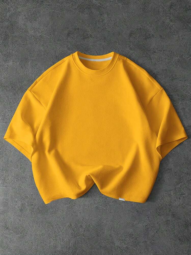 PAVTROS Men's Minimalist Textured Crinkled Fabric T-Shirt, Short Knit Top, Oversized Wide Shoulder Tank Top, American Tough Guy Street Style, American Casual, Genderless Outfit, Minimalist Clean Fit, Unisex Couple Wear, All-Season Versatile Matching, Holiday Gift - Yellow - View 1