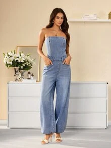 Selenza Women's Casual Washed Denim Bandeau Jumpsuit - Blue - View 5