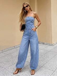 Selenza Women's Casual Washed Denim Bandeau Jumpsuit - Blue - View 1