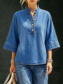 Everyssa Atasan Denim Longgar Kasual Lengan 3/4 dengan Kancing Setengah Plaket untuk Wanita - Biru - View 1