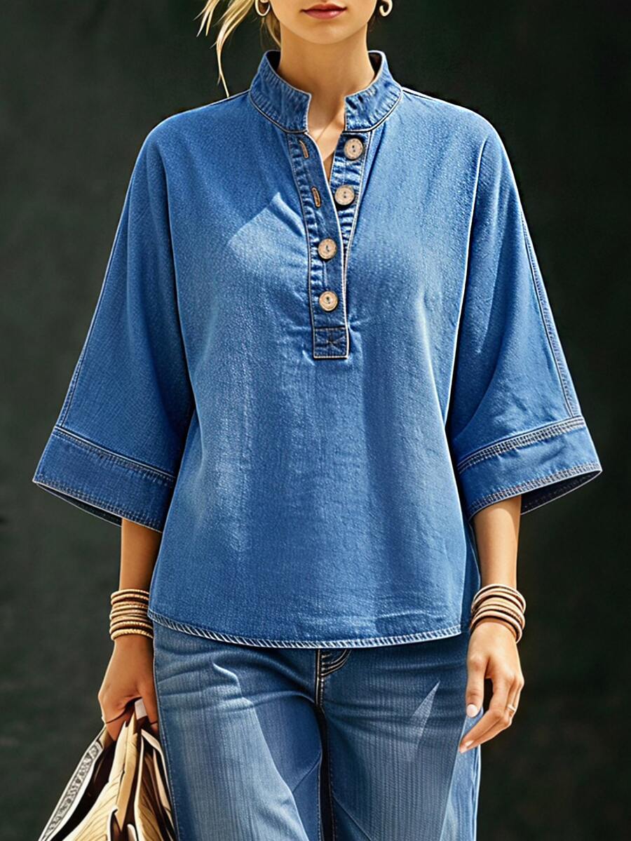 Everyssa Atasan Denim Longgar Kasual Lengan 3/4 dengan Kancing Setengah Plaket untuk Wanita - Biru - View 1