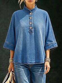Everyssa Atasan Denim Longgar Kasual Lengan 3/4 dengan Kancing Setengah Plaket untuk Wanita - Biru - View 11