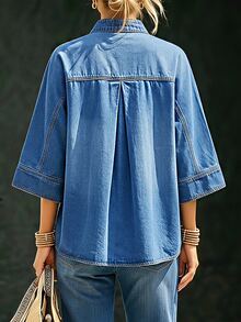 Everyssa Atasan Denim Longgar Kasual Lengan 3/4 dengan Kancing Setengah Plaket untuk Wanita - Biru - View 4