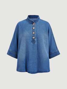 Everyssa Atasan Denim Longgar Kasual Lengan 3/4 dengan Kancing Setengah Plaket untuk Wanita - Biru - View 5