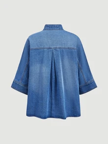 Everyssa Atasan Denim Longgar Kasual Lengan 3/4 dengan Kancing Setengah Plaket untuk Wanita - Biru - View 6