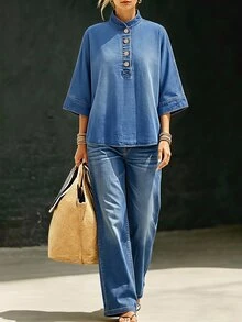 Everyssa Atasan Denim Longgar Kasual Lengan 3/4 dengan Kancing Setengah Plaket untuk Wanita - Biru - View 10