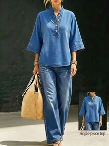 Everyssa Atasan Denim Longgar Kasual Lengan 3/4 dengan Kancing Setengah Plaket untuk Wanita - Biru - View 3