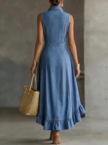 Balvessa Women's Front Button Ruffle Hem Denim Dress - Blue - View 2