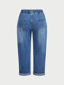SHEIN 大尺碼彈性腰口袋時尚牛仔七分褲 - 藍色 - 查看 5