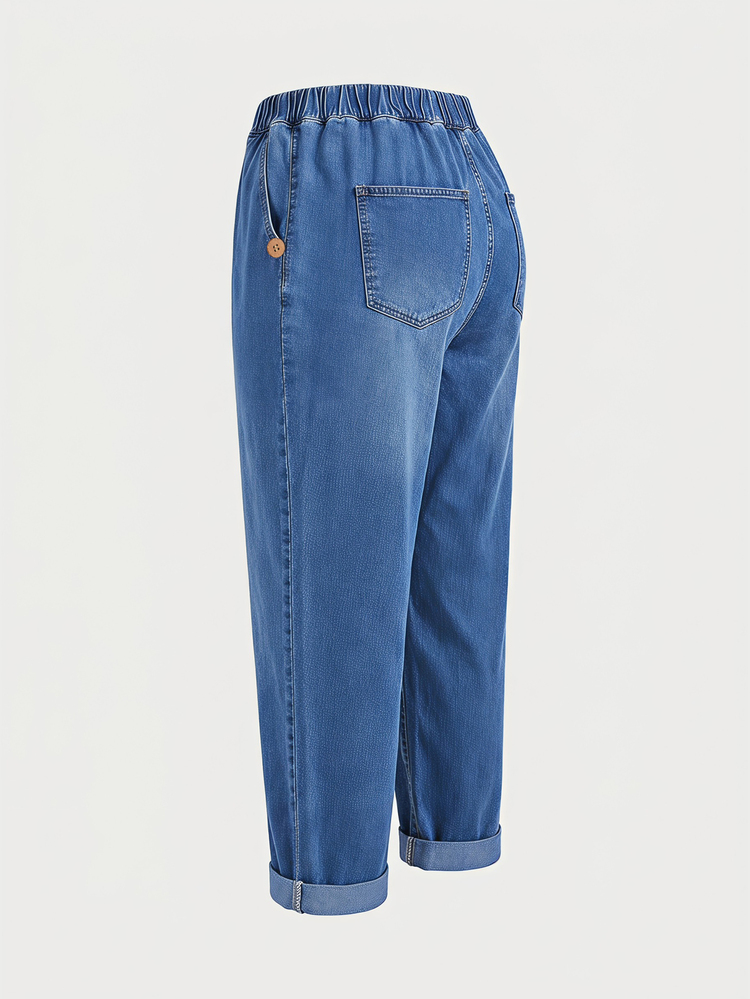 SHEIN Plus Size Elastic Waist Pocket Fashion Denim Capris - Blue - View 6