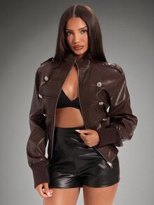 Radiana Women's Chocolate Brown Zipper Front PU Leather Button Design Casual Jacket Napoleon Jacket Military-Style Jacket - Coffee Brown - View 4