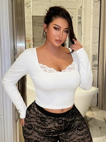 SHEIN SXY 大尺碼女款優雅蕾絲飾邊修身長袖T恤 - 白色 - 查看 4