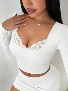SHEIN SXY 大尺碼女款優雅蕾絲飾邊修身長袖T恤 - 白色 - 查看 8