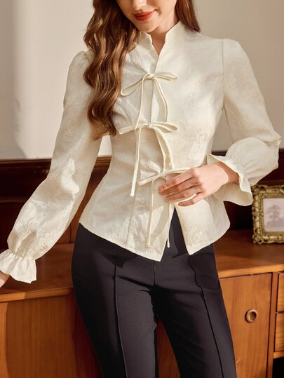 Vintamour Vintage Classic Elegant Women's Blouse, Autumn/Winter Stand Collar Asymmetric Placket Jacquard Top, Ruffle Sleeve Apricot Long Sleeve Blouse, Asian Style Front Tie Bow Top