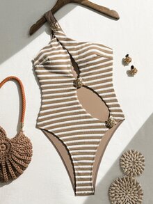 Bonvoyette Solid Color One-Shoulder Hollow Out Asymmetrical Metal Decor Hot-Selling Vacation Women One-Piece Swimsuit - Multicolor - View 4
