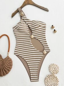 Bonvoyette Solid Color One-Shoulder Hollow Out Asymmetrical Metal Decor Hot-Selling Vacation Women One-Piece Swimsuit - Multicolor - View 8