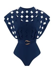 Swim Oasis Hollow Out Solid Color Round Neck Women's Belt Set Premium - Navy Blue - View 9