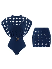Swim Oasis Hollow Out Solid Color Round Neck Women's Belt Set Premium - Navy Blue - View 1