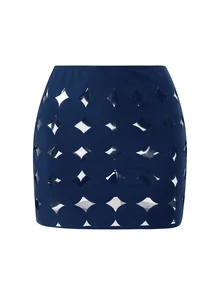 Swim Oasis Hollow Out Solid Color Round Neck Women's Belt Set Premium - Navy Blue - View 4