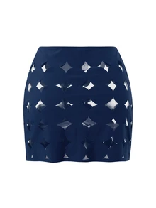 Swim Oasis Hollow Out Solid Color Round Neck Women's Belt Set Premium - Navy Blue - View 5