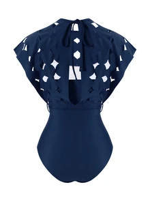Swim Oasis Hollow Out Solid Color Round Neck Women's Belt Set Premium - Navy Blue - View 10