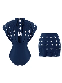Swim Oasis Hollow Out Solid Color Round Neck Women's Belt Set Premium - Navy Blue - View 2