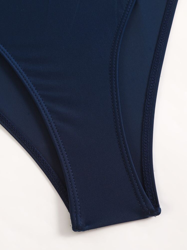Swim Oasis Hollow Out Solid Color Round Neck Women's Belt Set Premium - Navy Blue - View 6